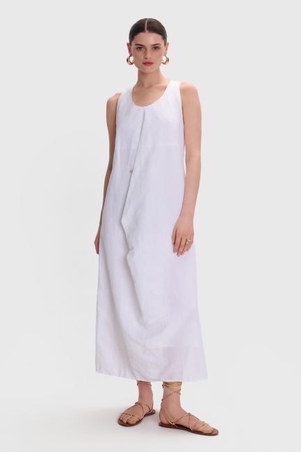 Midi linen dress with slit - White