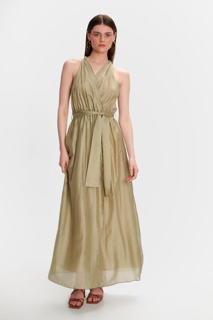 Dress with a neckline and belt - Beige
