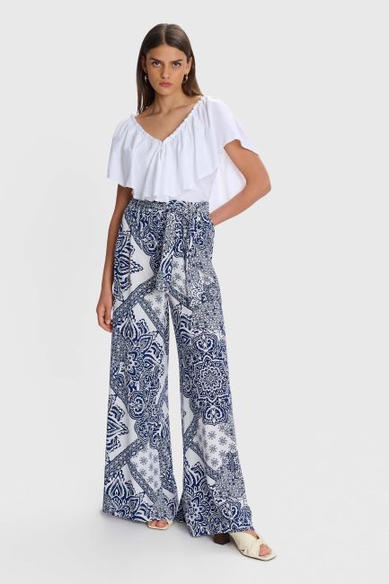 Printed wide-leg pants with belt - Multicolor