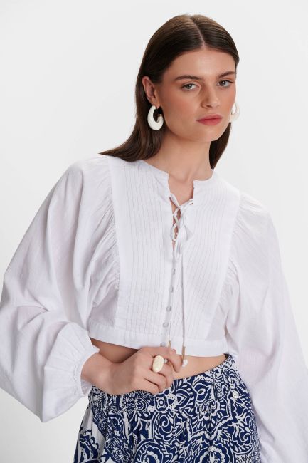 Button-down top with drawstring - White