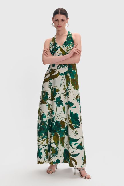 Long printed dress with lace - Multicolor