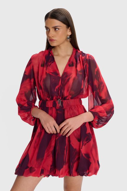 Belted mini printed dress - Red