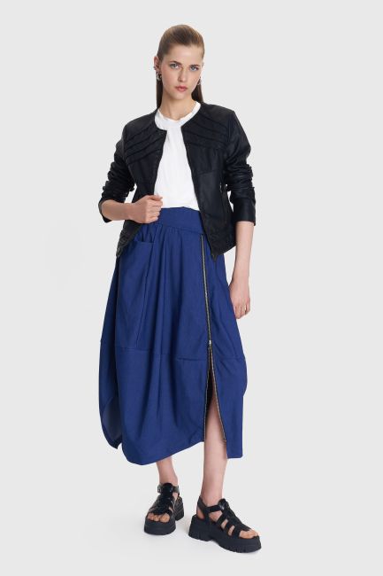 Midi zip-detail skirt in denim look - Blue