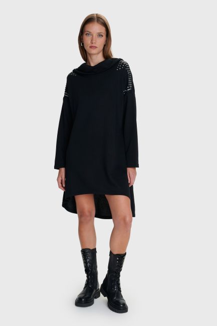 Asymmetric mini dress with hood - Black