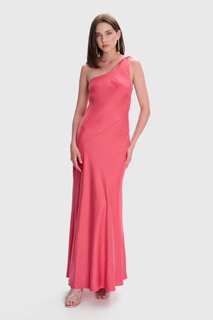One-shoulder maxi satin dress - Pink