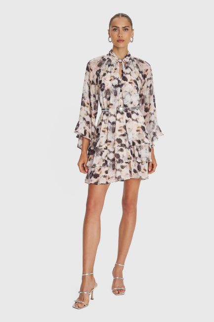 Mini floral dress with rhinestones - Beige
