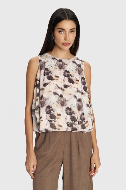 Floral top with rhinestones - Beige