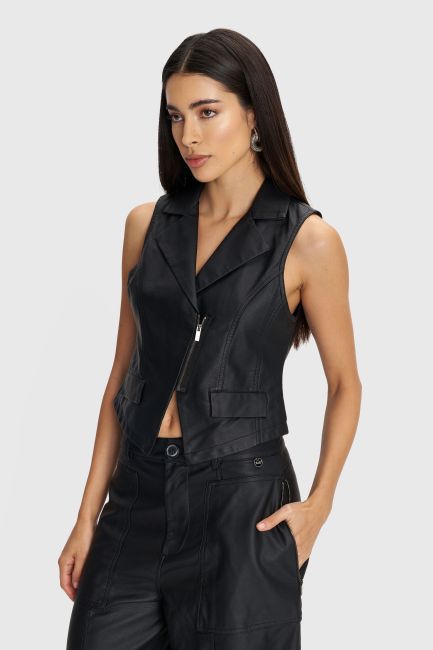 Faux leather vest with zip - Black