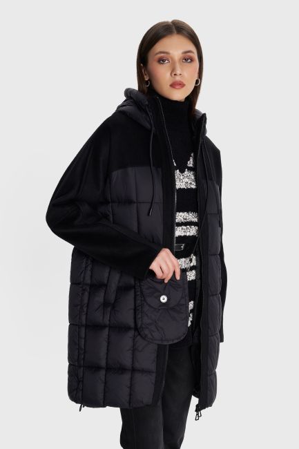 Hooded half coat with bag - Black