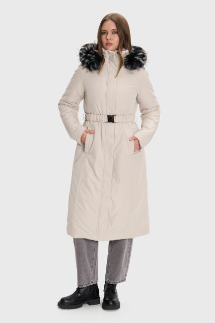 Maxi jacket with detachable fur hood - Beige