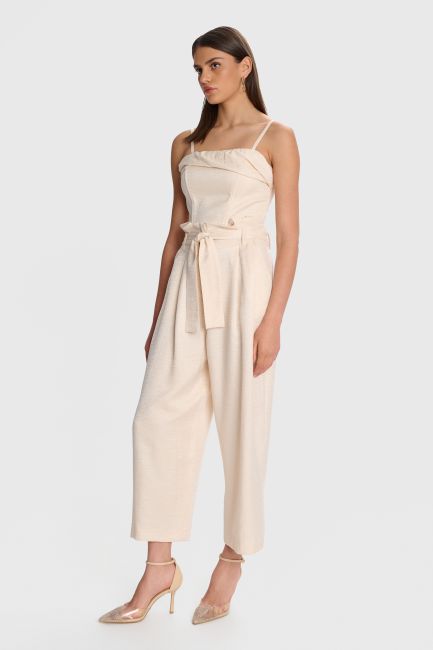 Wide-leg pants with waist belt - Beige