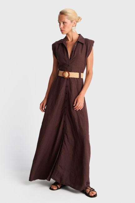 Sleeveless maxi dress with belt - Brown