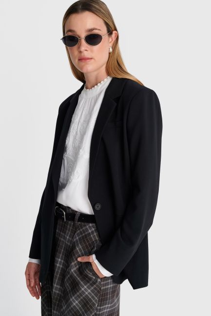Long straight-cut single-button blazer - Black