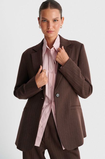 Long straight-cut single-button blazer - Brown