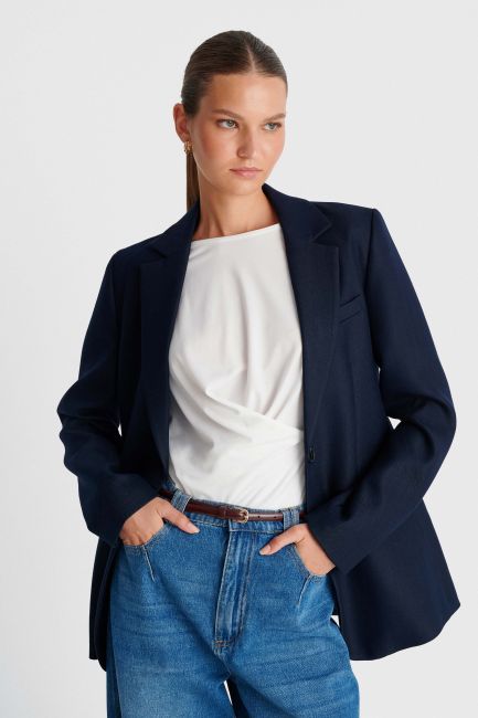 Long straight-cut single-button blazer - Blue