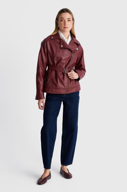 Faux leather jacket with belt - Red