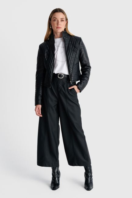 Faux leather jacket with quilted detailing - Black