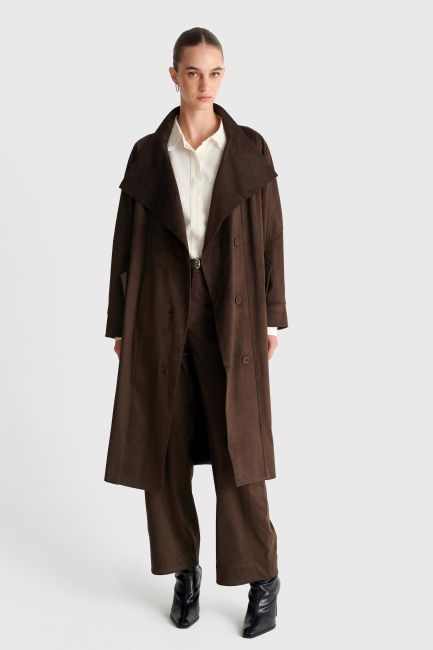 Suede-style coat with belt - Brown