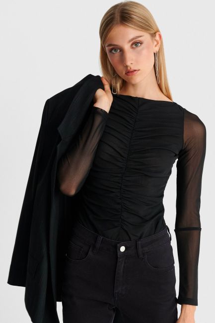 Sheer long-sleeve bodysuit with ruched detailing - Black
