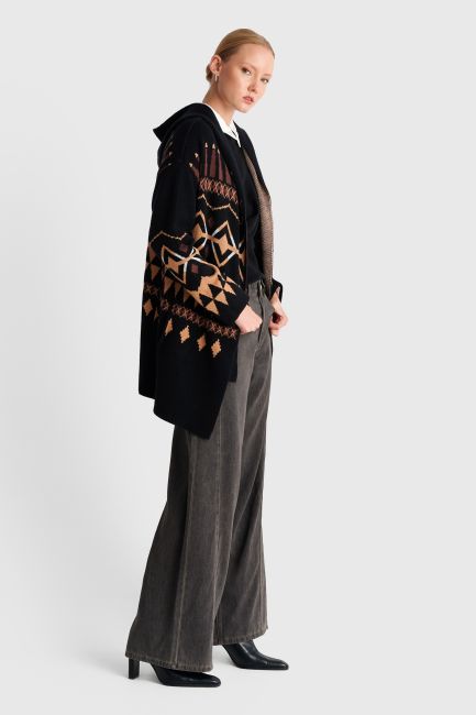 Printed knitted cardigan with hood - Black