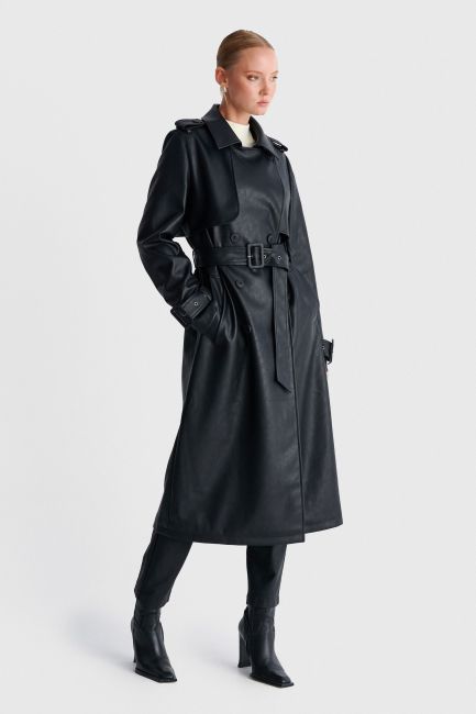 Faux leather trench coat with belt - Black