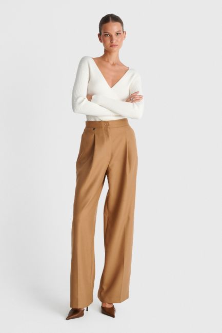 High-waisted wide-leg straight trousers with pleats - Brown