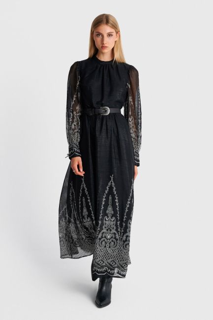 Long-sleeve maxi dress with a printed pattern - Black