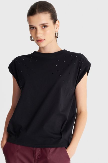 Sleeveless blouse with rhinestones - Black
