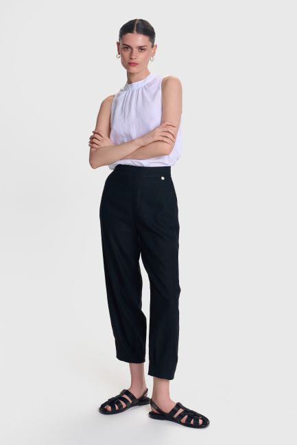 Linen elastic waist pants - Black
