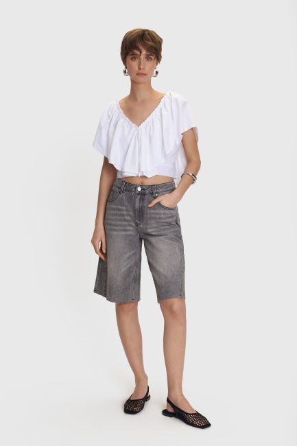 Plunging V-neck ruffled top - White