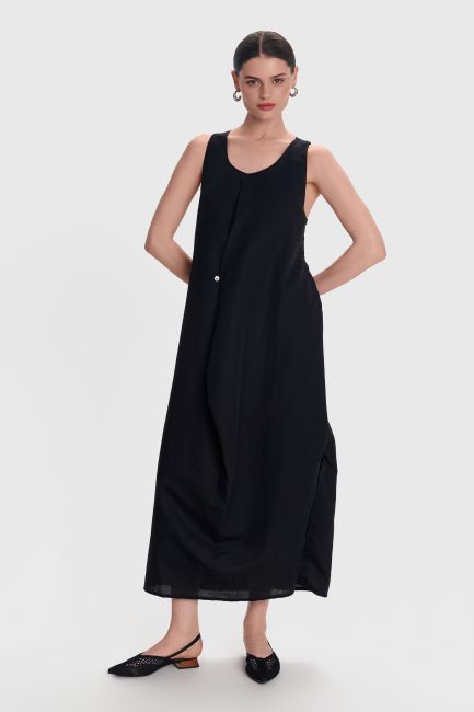 Long linen dress with slit - Black