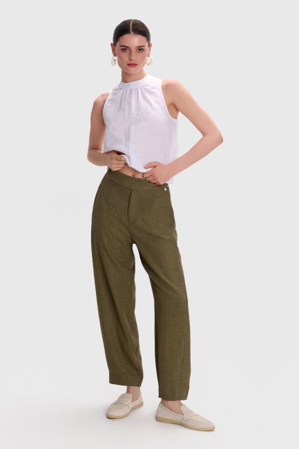 Elastic-waist barrel leg trousers - Light khaki