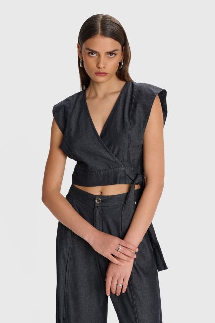 Wrap denim look top - Black